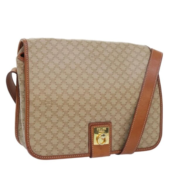 CELINE Macadam Canvas Shoulder Bag Beige Brown Gold Auth kk341V - Picture 1 of 16